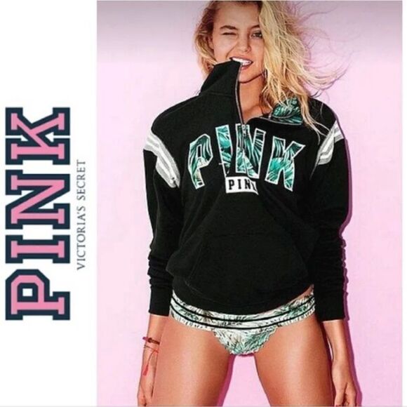 PINK VS Y2K Black Green Tropical Logo Quarter Zip Pullover Sweatshirt Small - Picture 2 of 14